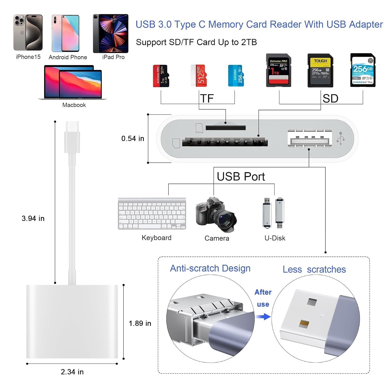 USB-C SD Card Reader USB 3.0 Adapter Dual Slot SD microSD