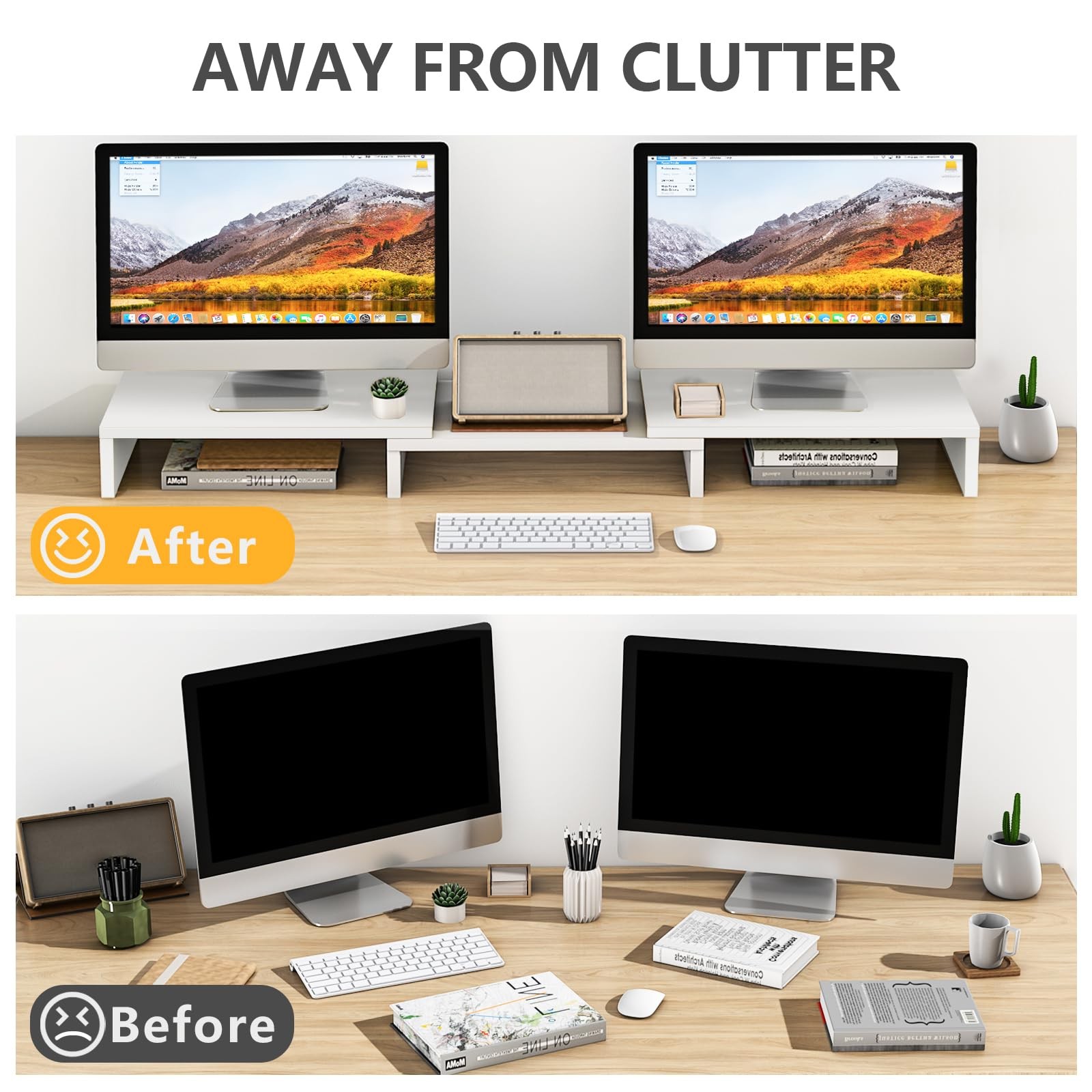 White Dual Monitor Stand Riser, 2 Monitors, Max 43.3 L, Desktop Organizer, PC