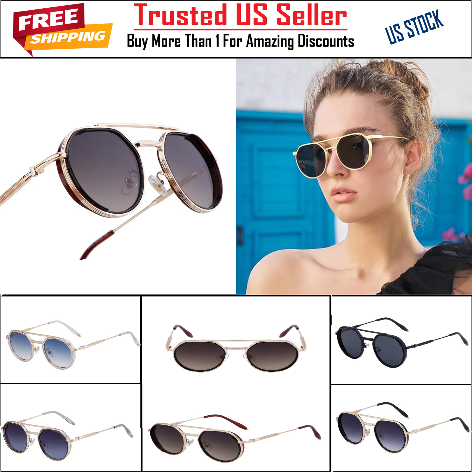 Sunglasses Women Men Retro Aviator Style Rounded Metal Frame Luxury Shades UV400