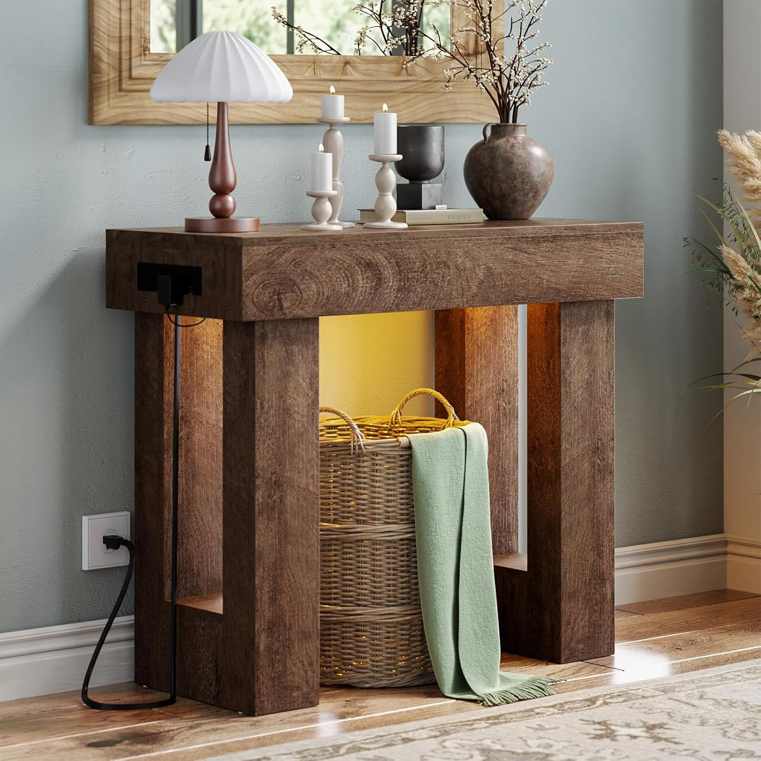 39" Entry Table with Power Outlet & Sensor Light, Rustic Oak | Narrow Foyer Tabl