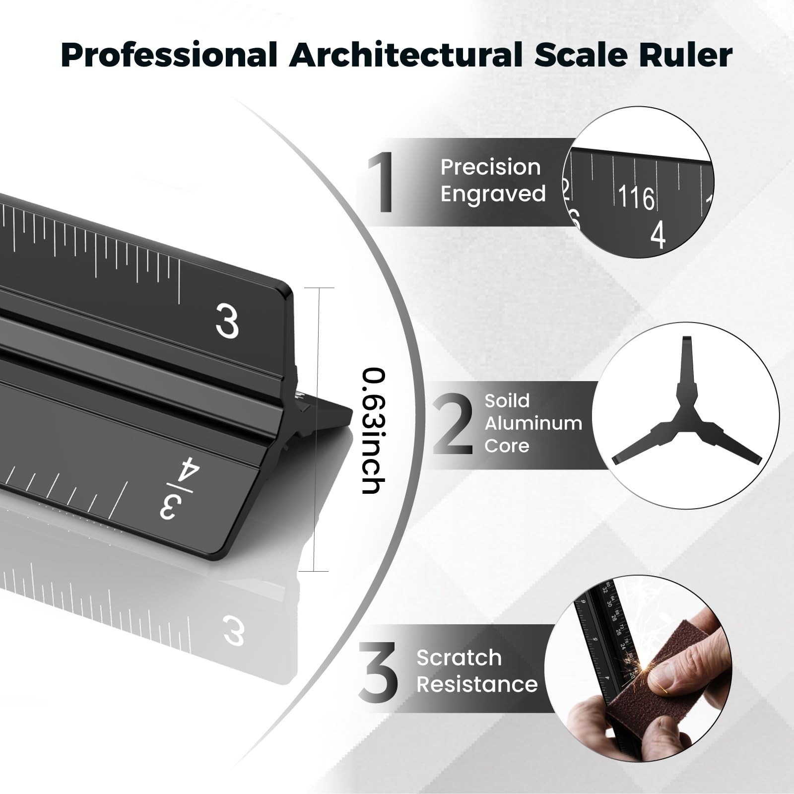 12 Inch Aluminum Architectural Scale Ruler, Architect Ruler Black