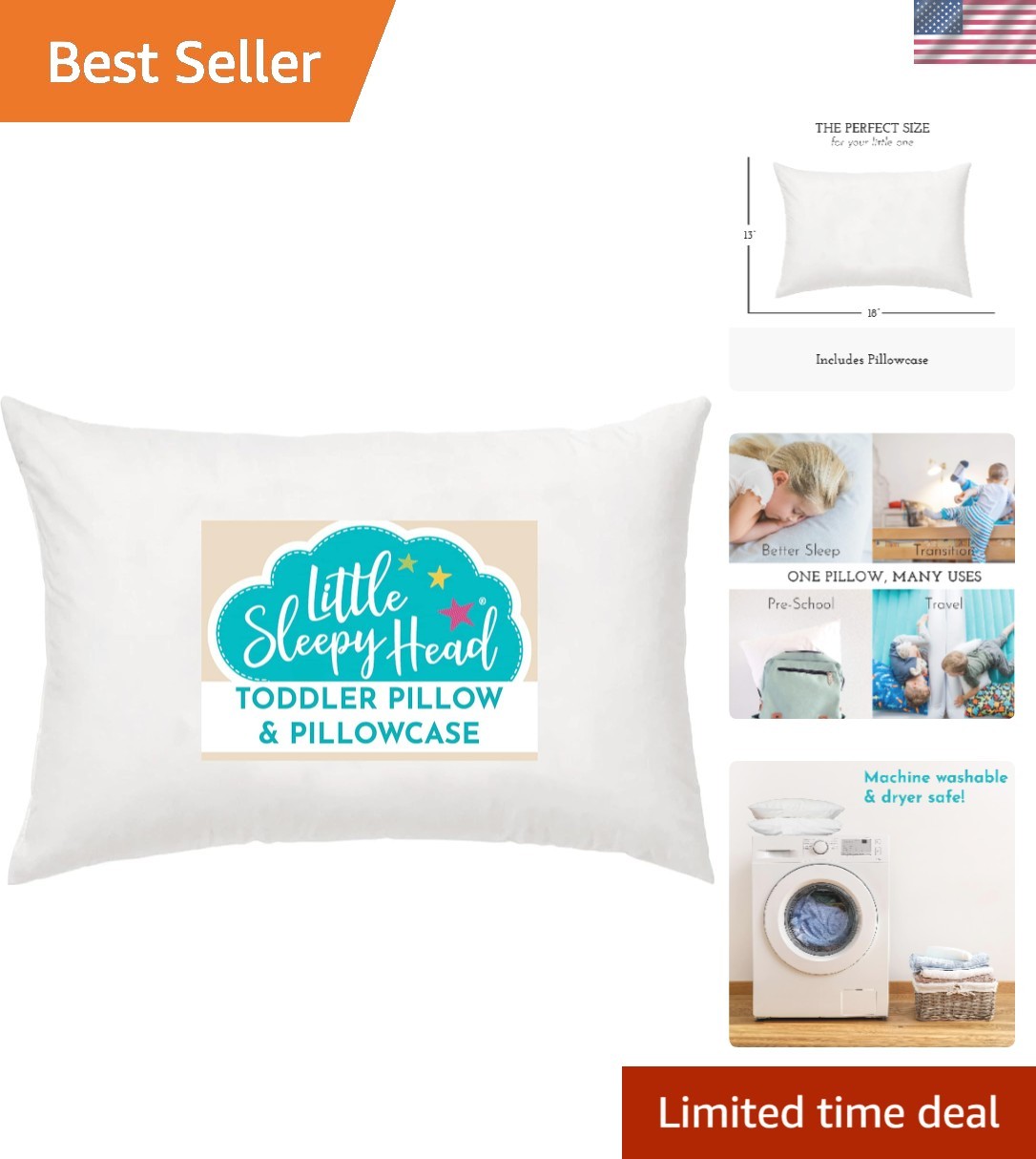 Ergonomic Toddler Pillow with Pillowcase 13x18 - Hypoallergenic Comfort for Kids