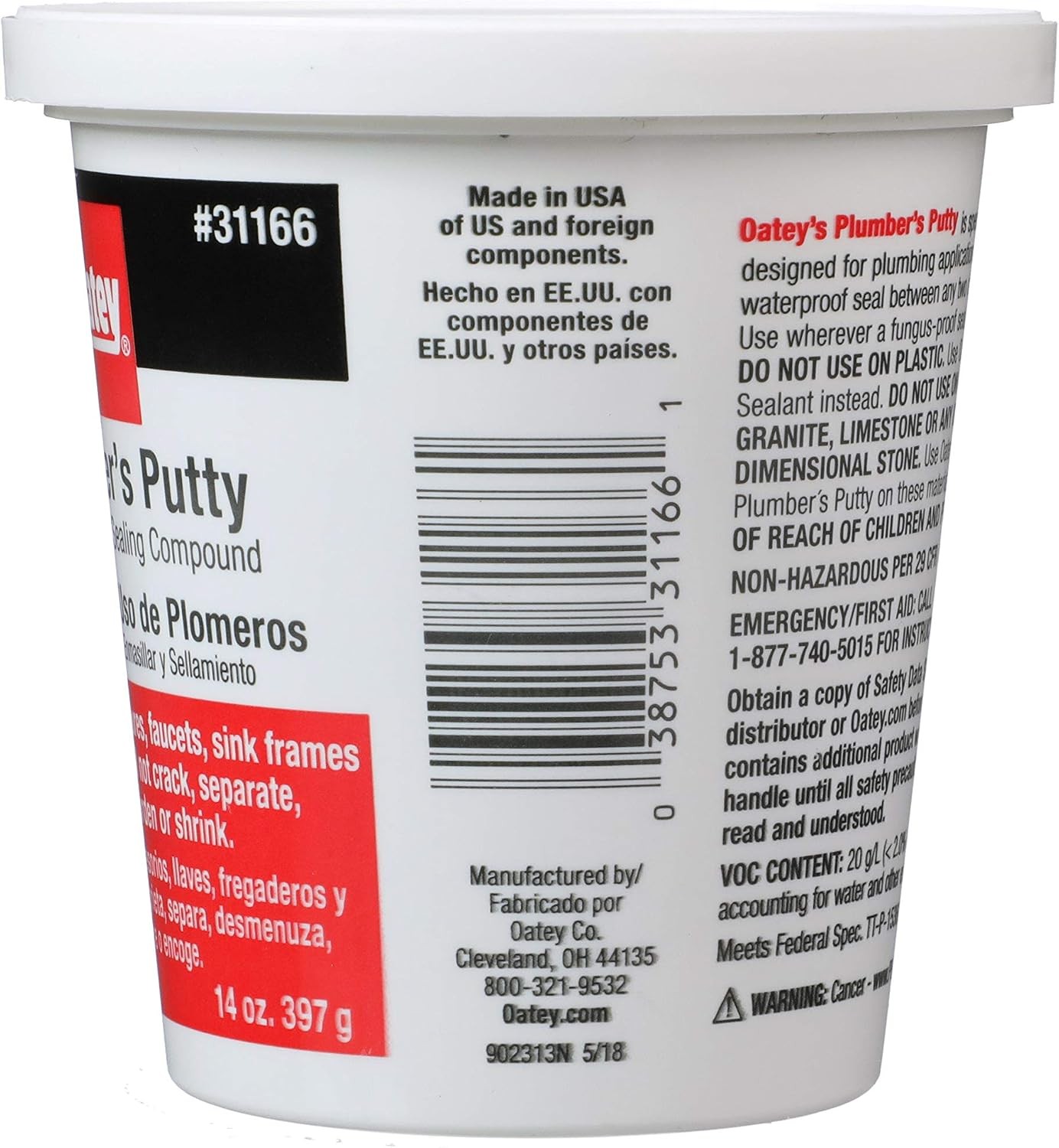 Oatey 31166 Plumbers Putty 14 Oz