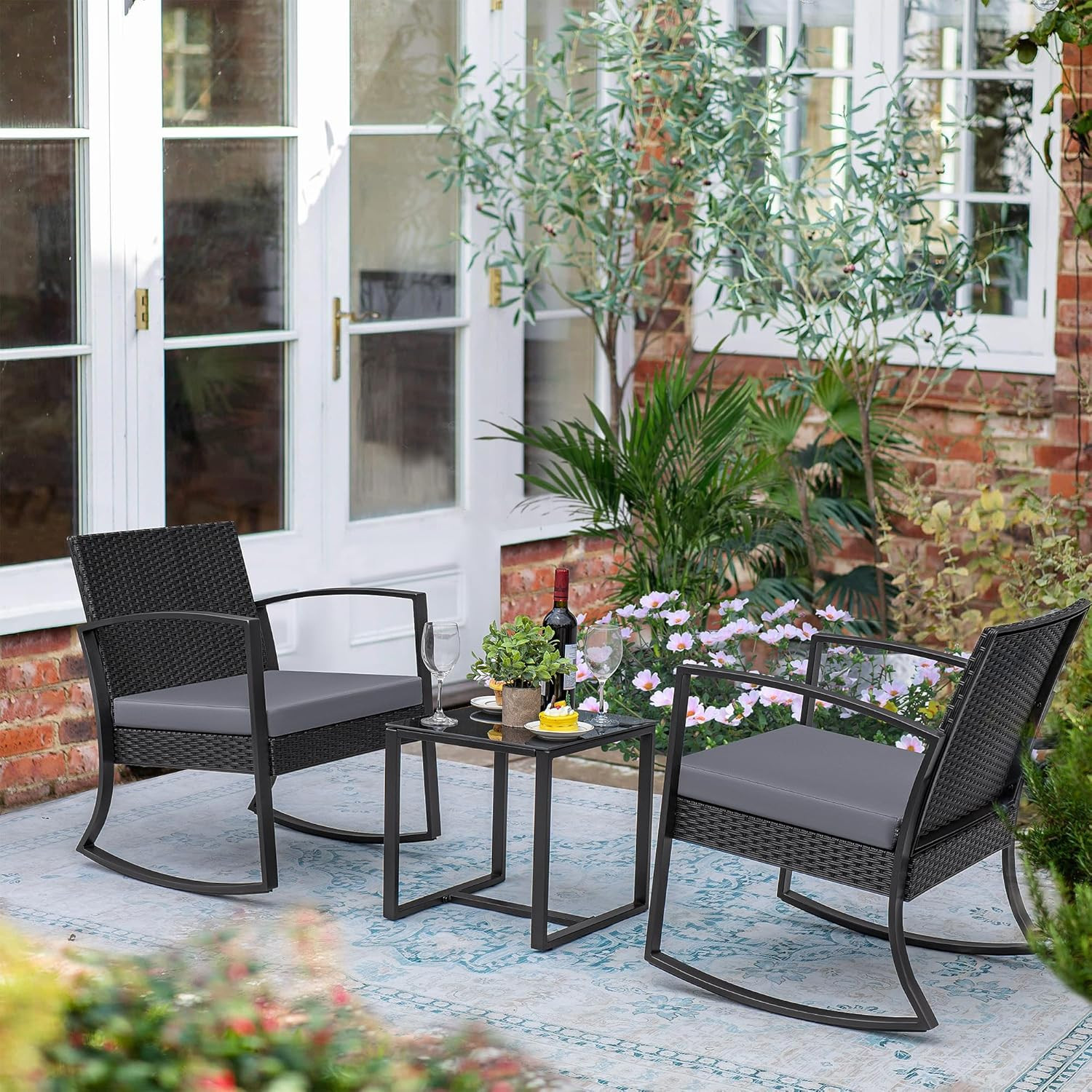 3 Pieces Outdoor Furniture Set Patio Bistro Rocking Chairs with Glass Coffee Tab
