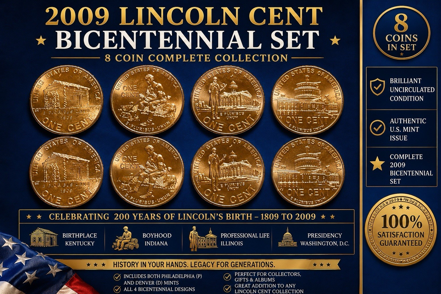 🇺🇸2009 Lincoln Bicentennial Cent P&D 8 Coin BU UNC Penny Set Collection🇺🇸