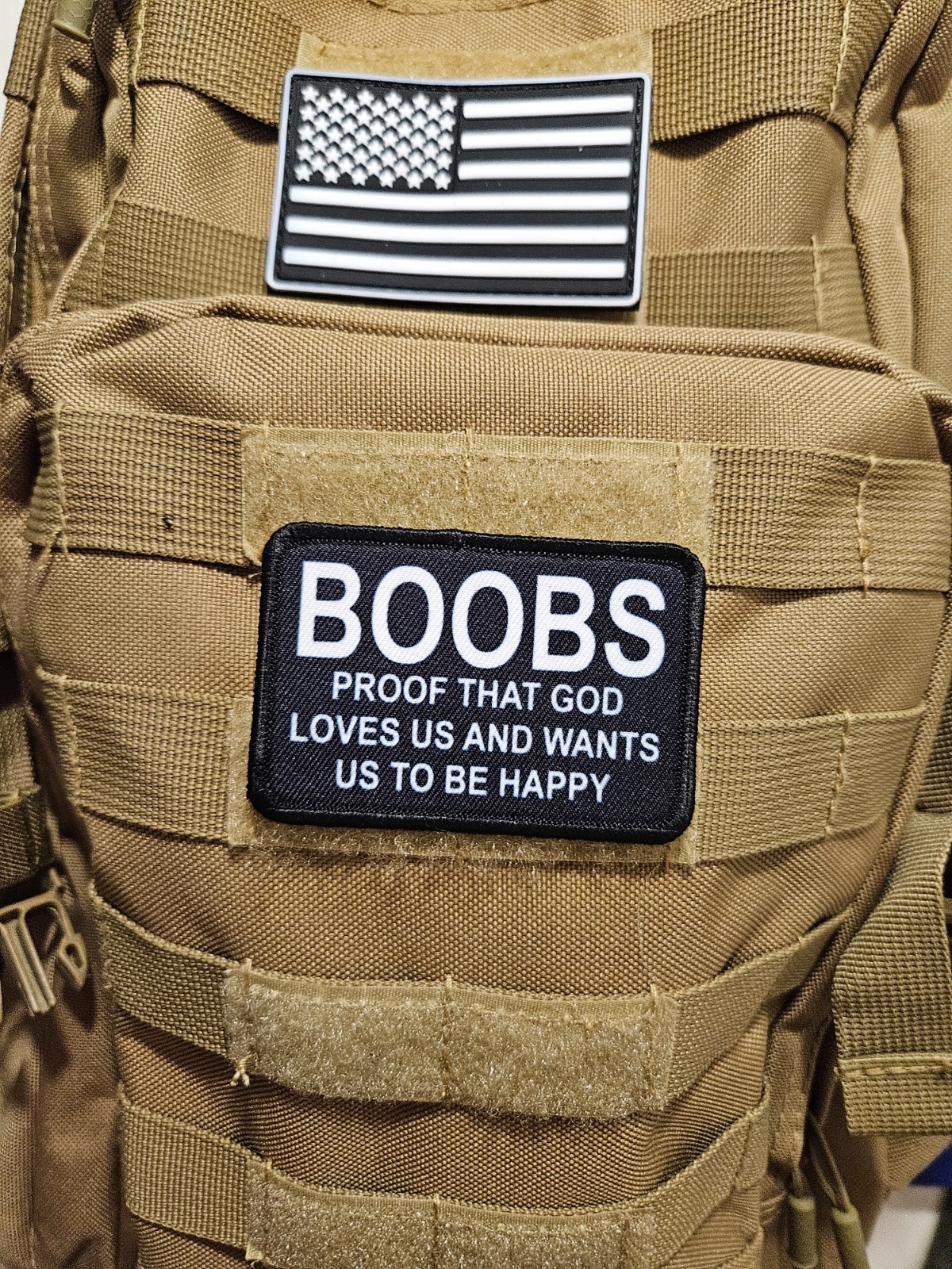 Boobs proof that God loves us and wants us happy meme 2"x3" hook & loop patch