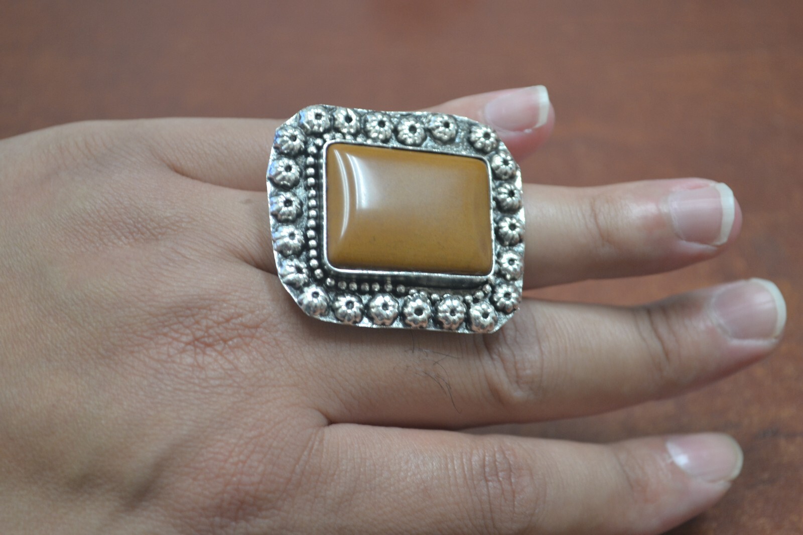 BROWN AGATE STONE SILVER PLATED COLOR RINGS ADJUSTABLE SIZE #T-41B