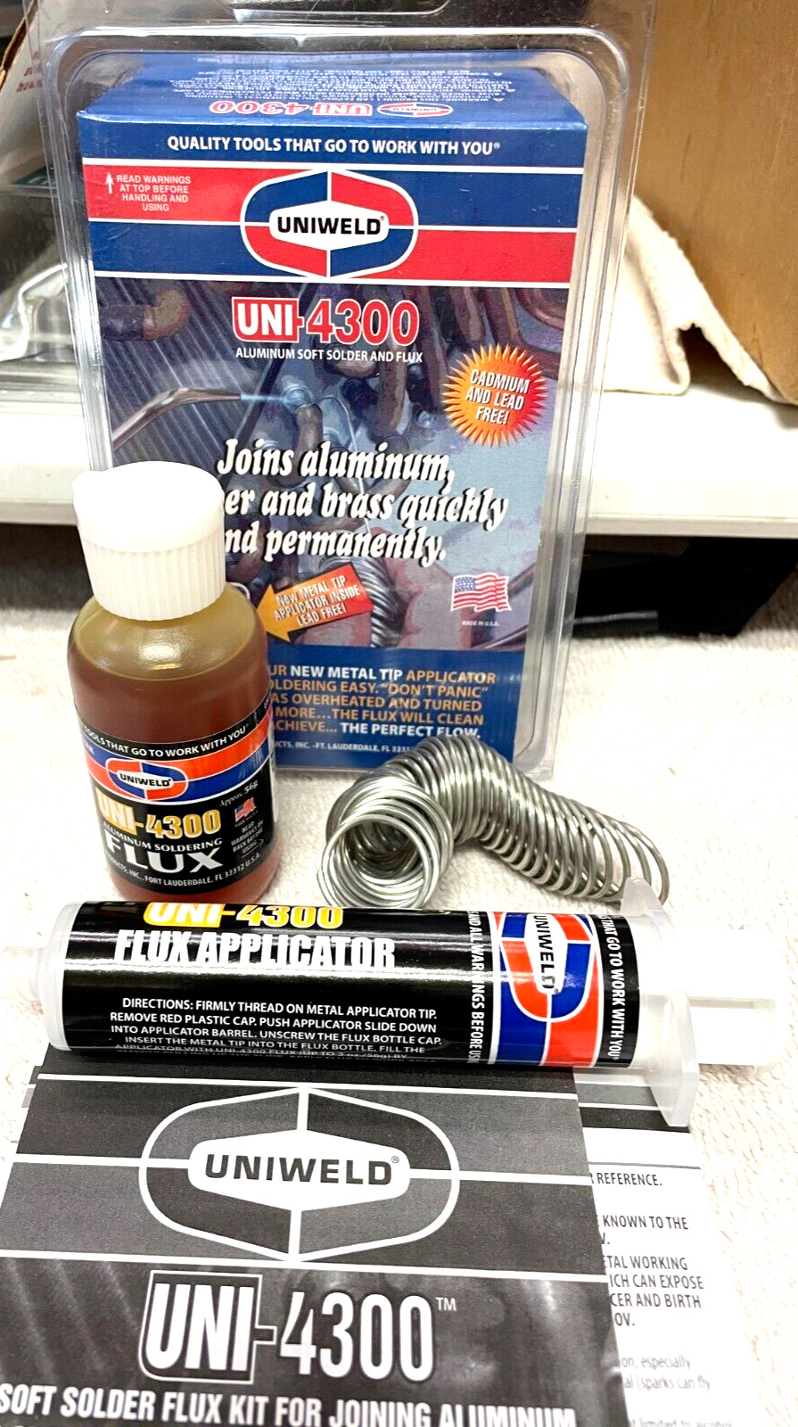 ALUMINUM SOFT SOLDER & FLUX KIT, Uniweld , 1/16" Solder x 12'  With Flux