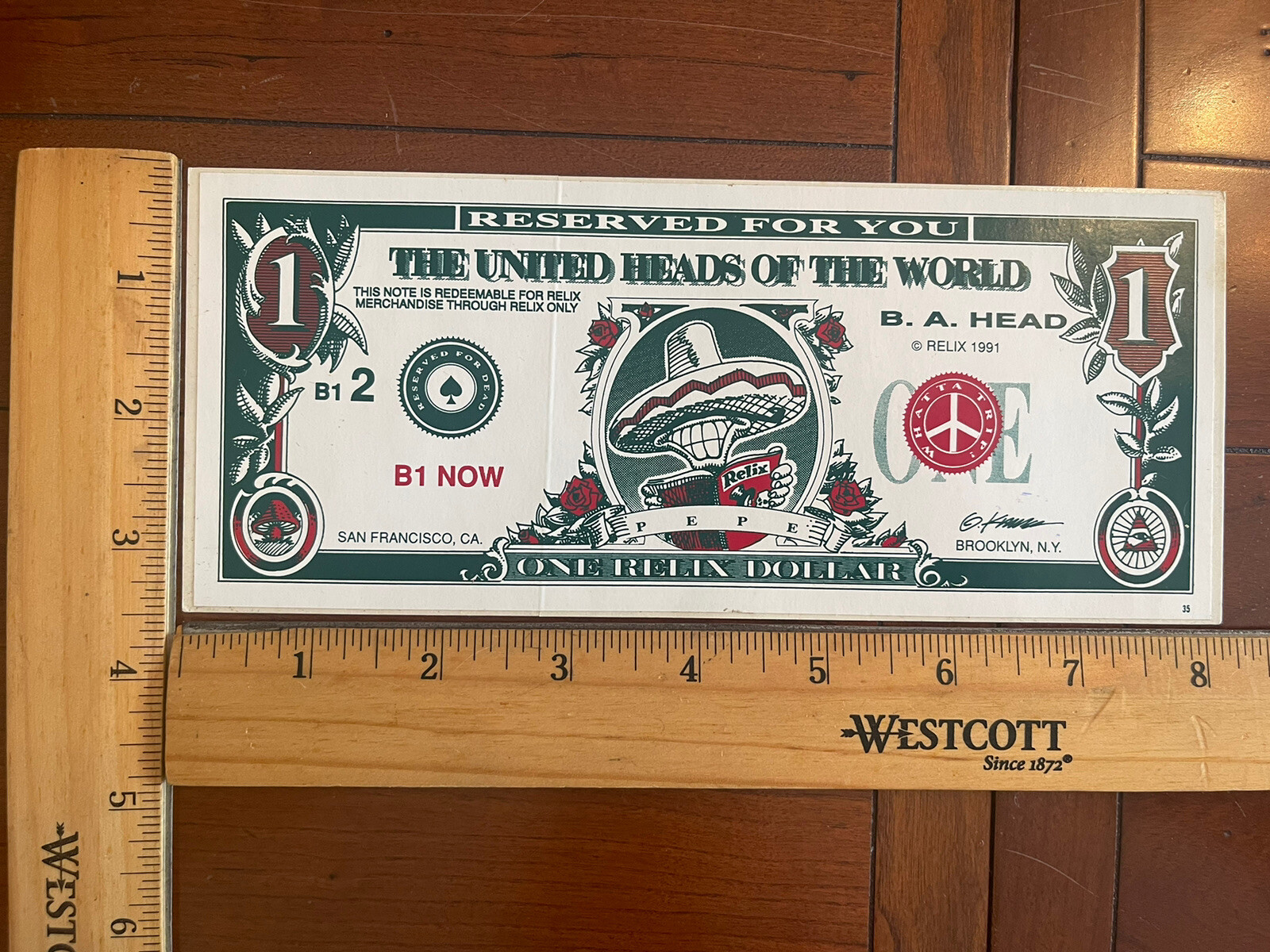 VTG 1991 One RELIX Dollar Grateful Dead Decal Bumper Sticker United Heads