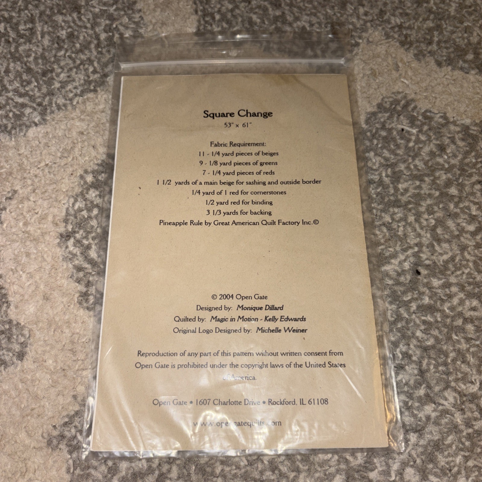 Unused Uncut Open Gate Square Change Quilt Pattern