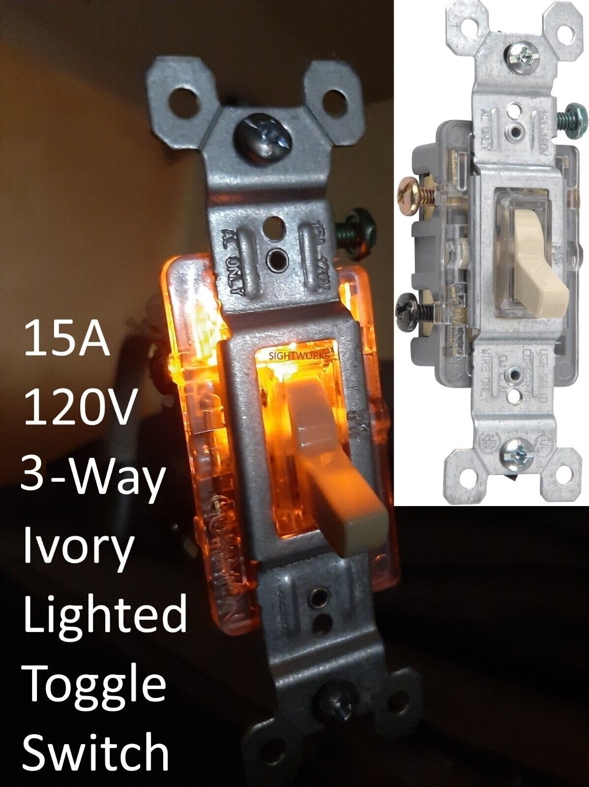 Legrand Pass & Seymour 3 Way Lighted Illuminated Toggle Light Switch 120V, Ivory