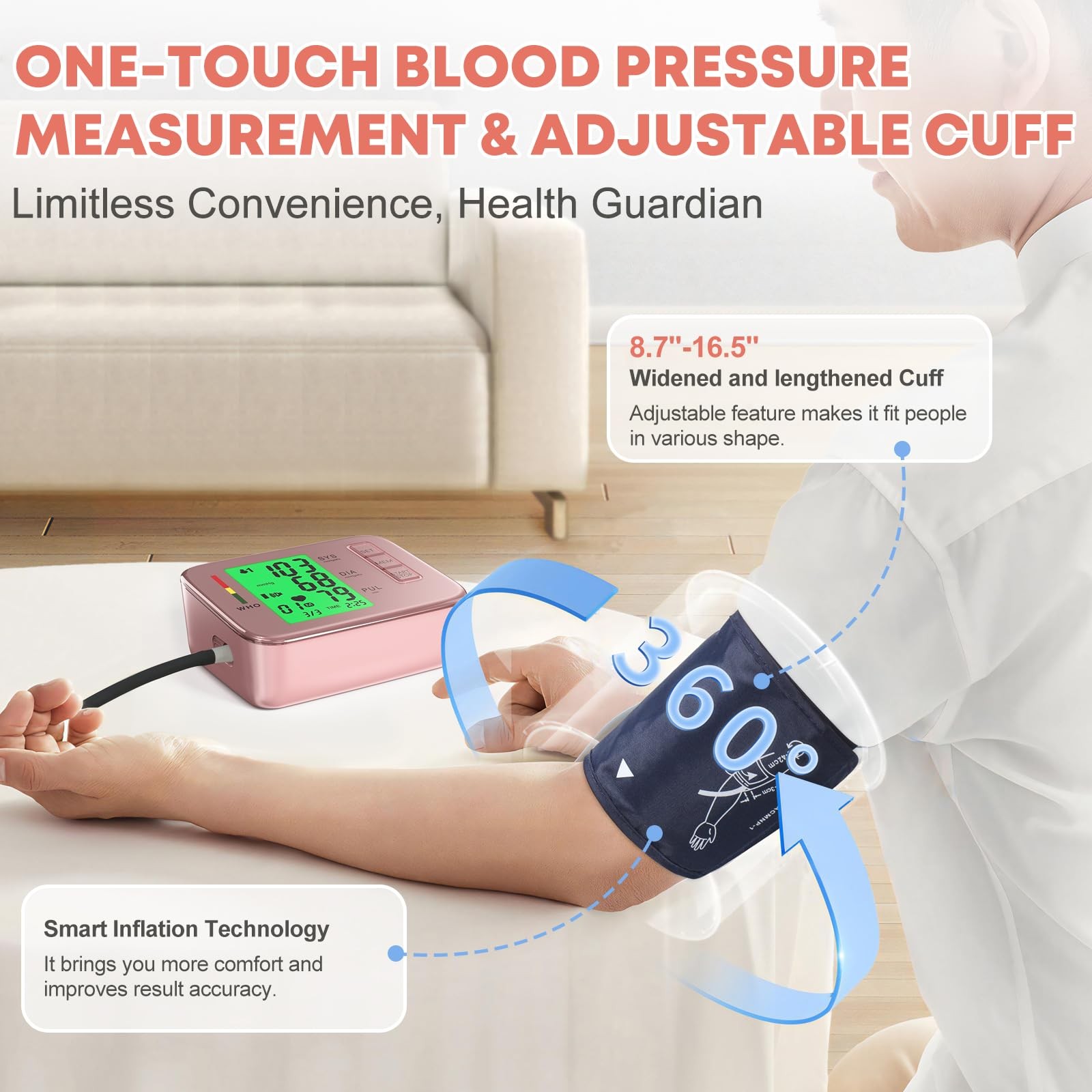 Blood Pressure Monitors Pink Automatic Upper Arm BP Cuff 8.7-16.5in Memory 2x90
