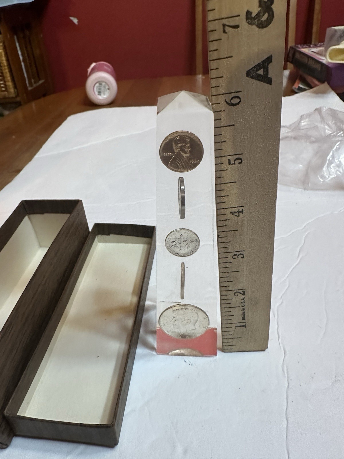 Vintage Lucite Obelisk w Embedded 1964 Date US Currency Coins Paperweight