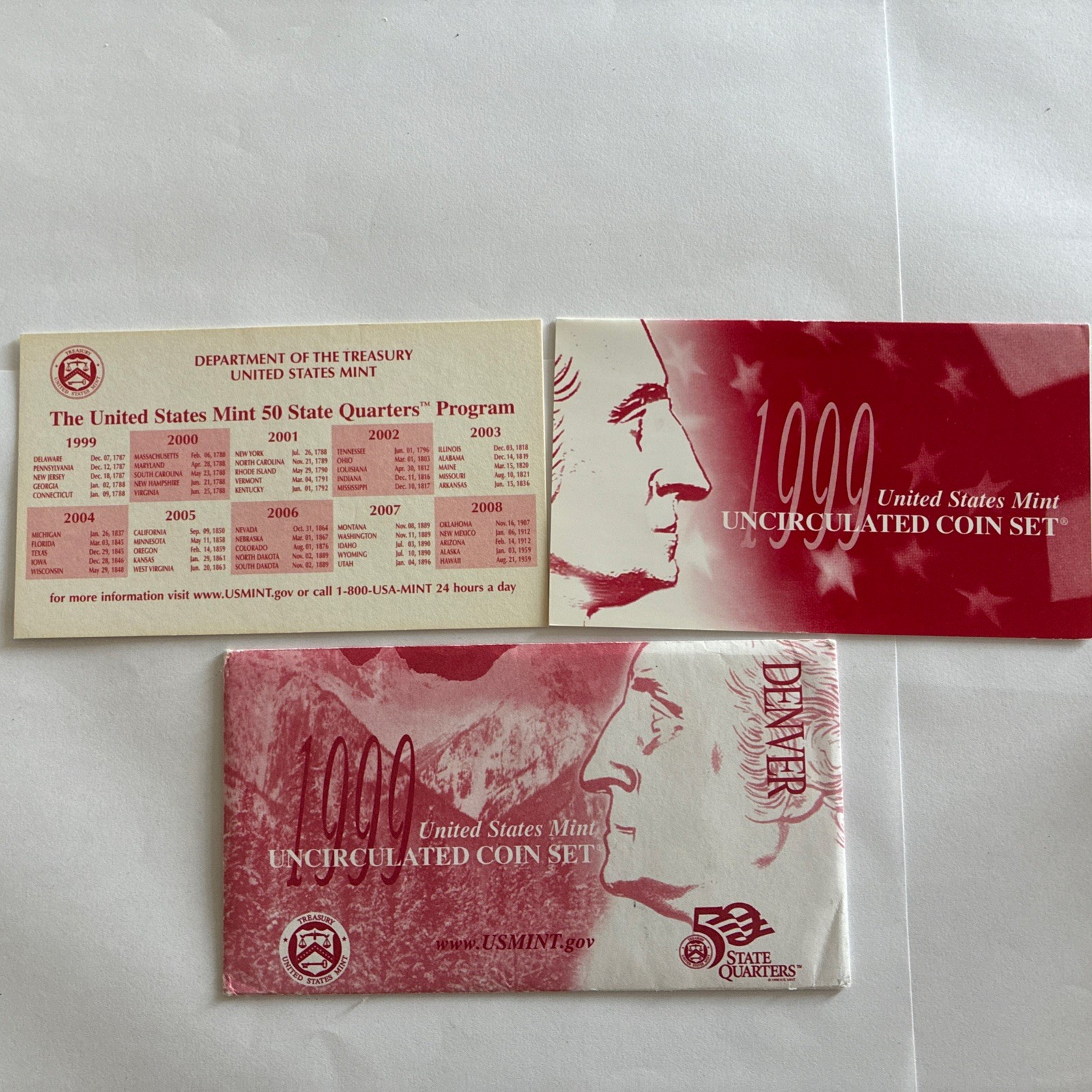 1999 D US Mint STATE QUARTERS Set ENVELOPE - REPLACEMENT ENVELOPE - NO COINS
