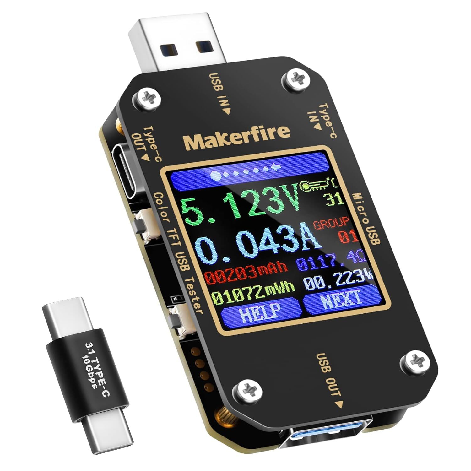 MakerHawk USB Multimeter Tester Voltmeter Ammeter PD QC3.0 Type-C LCD 1.44