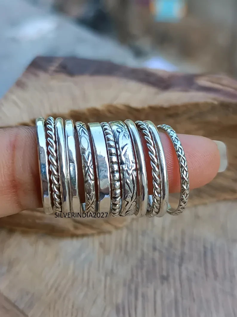 Sterling Silver Stacking Ring Set: Assorted Patterns, Thin & Thick, Handmade