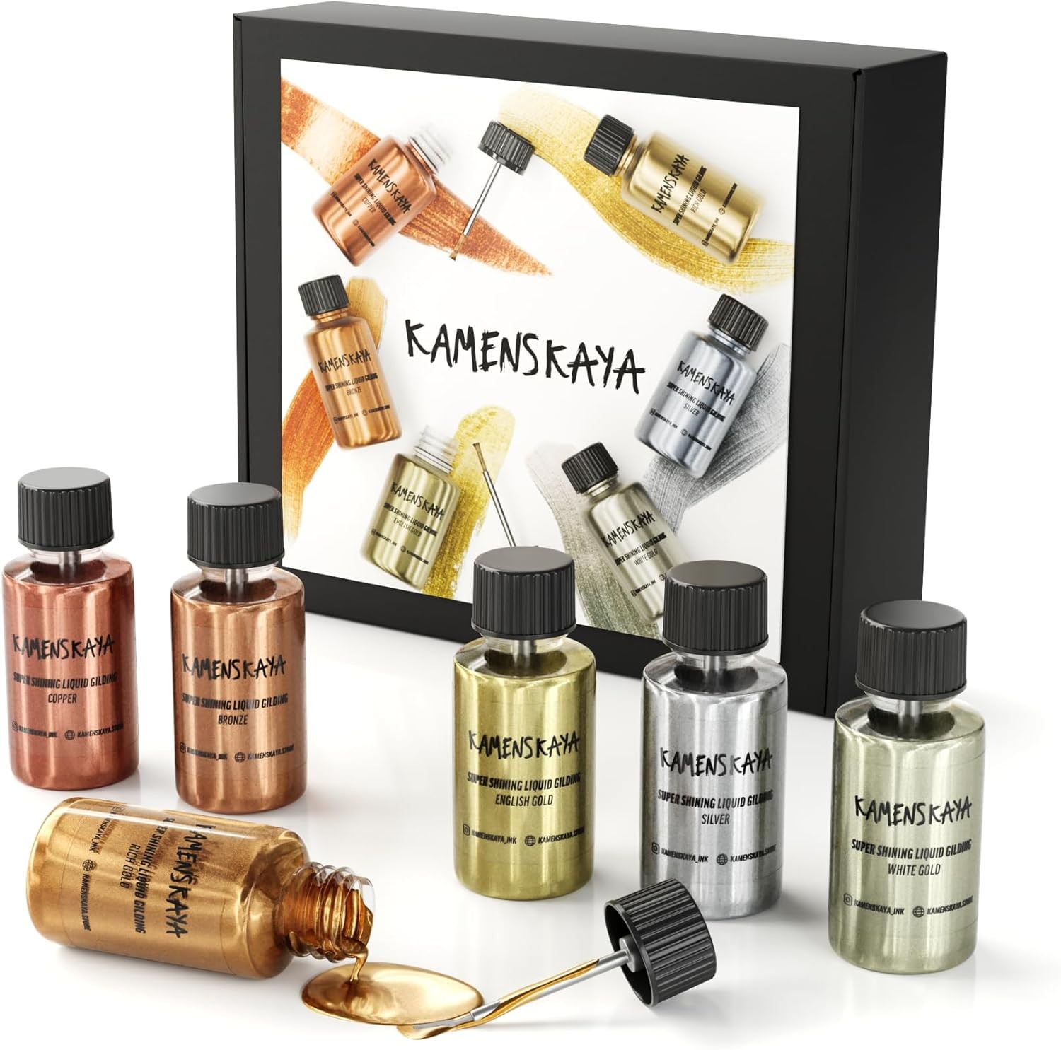 Liquid Leaf Paint - Gilding Paint Set - Rich & English Gold, Silver, Bronze,