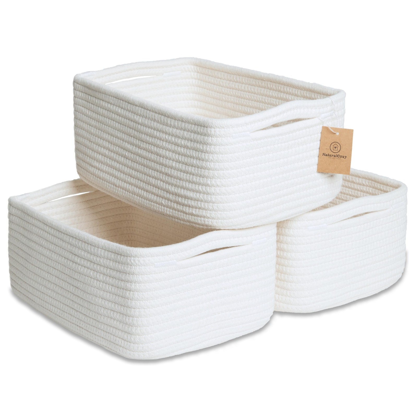NaturalCozy 11.8"x8"x4.5” Storage Baskets for Shelves 3 Pack | Cotton Rope Wo...