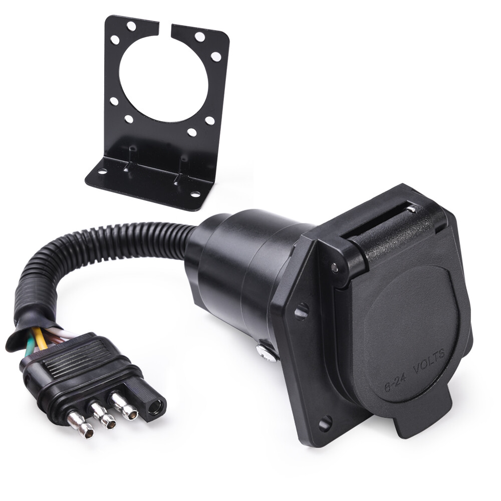 4 Pin Truck to 7 Way Round RV Blade Adapter Trailer Plug w/Mounting Bracket 12v