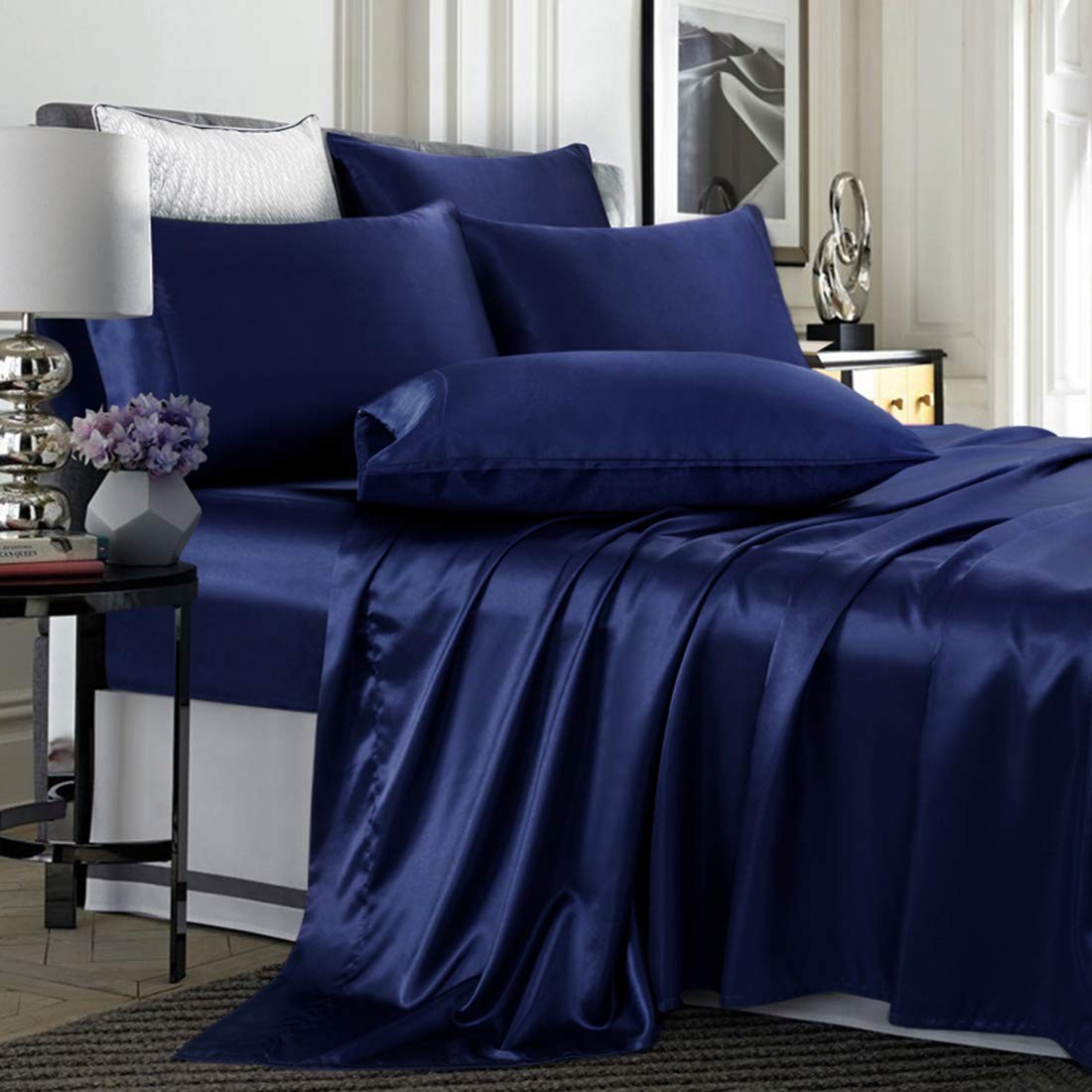 TREELY 6 Piece King Size Satin Sheet Set - Navy Blue, Deep Pocket, Fitted She...