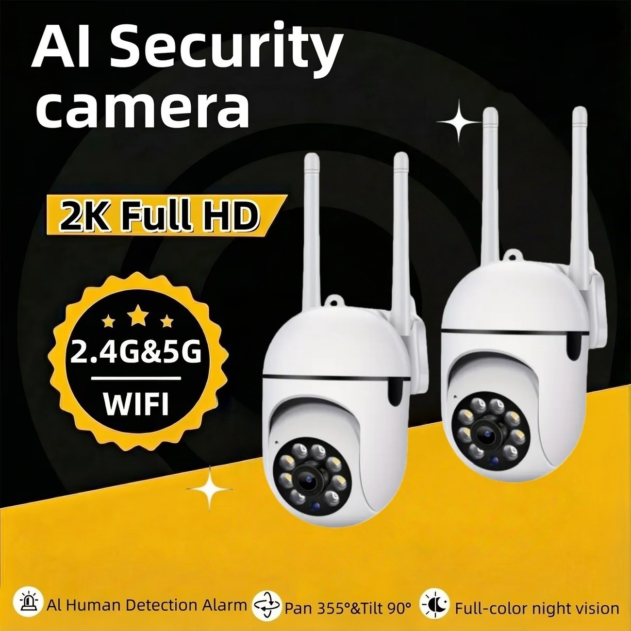 2pcs 2K HD security cameras, WiFi connected, withtwo-way audio