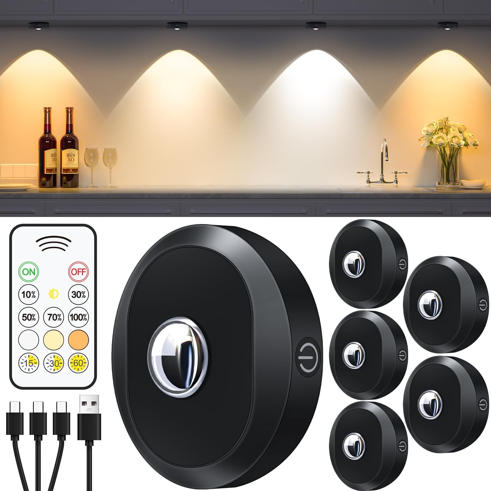 Puck Lights with Remote Control, Rechargeable Under Cabinet Lights, 1200mAh B...