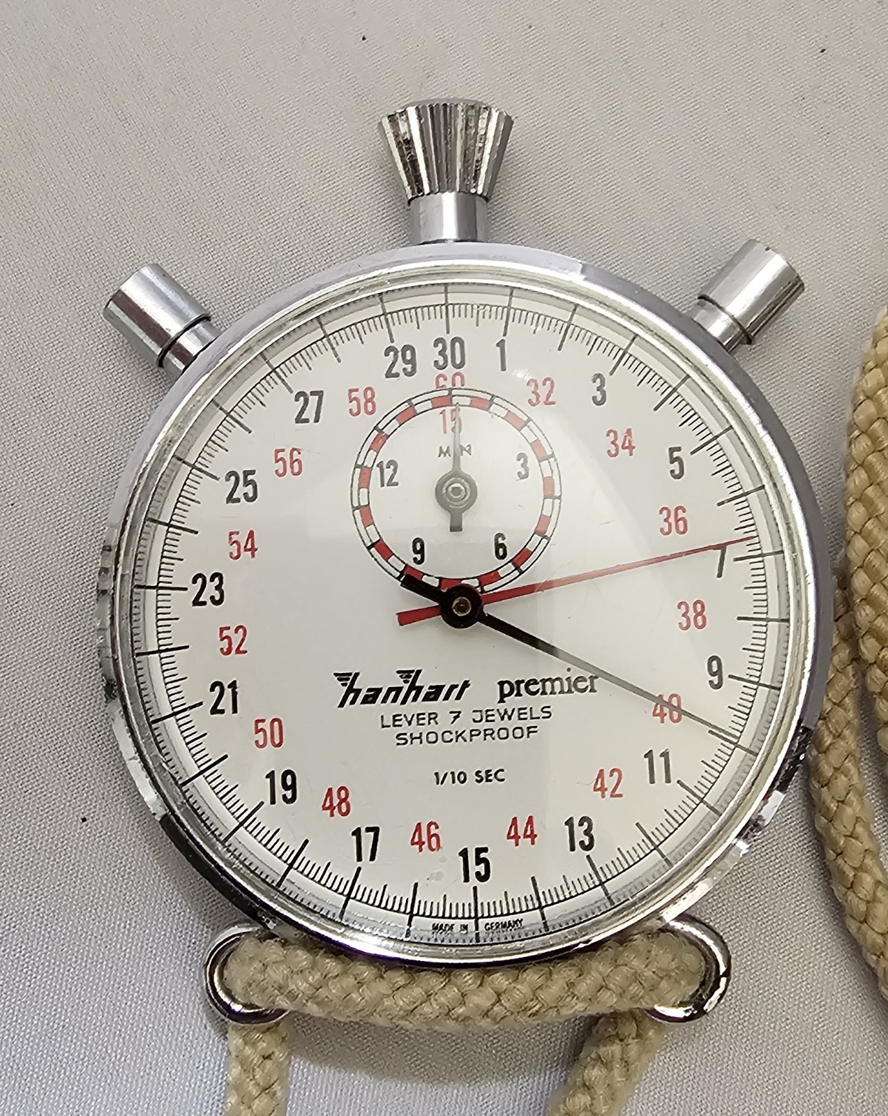 Vintage Hanhart Premier Lever 7 Jewels Shockproof 1/10 Sec Stopwatch Germany