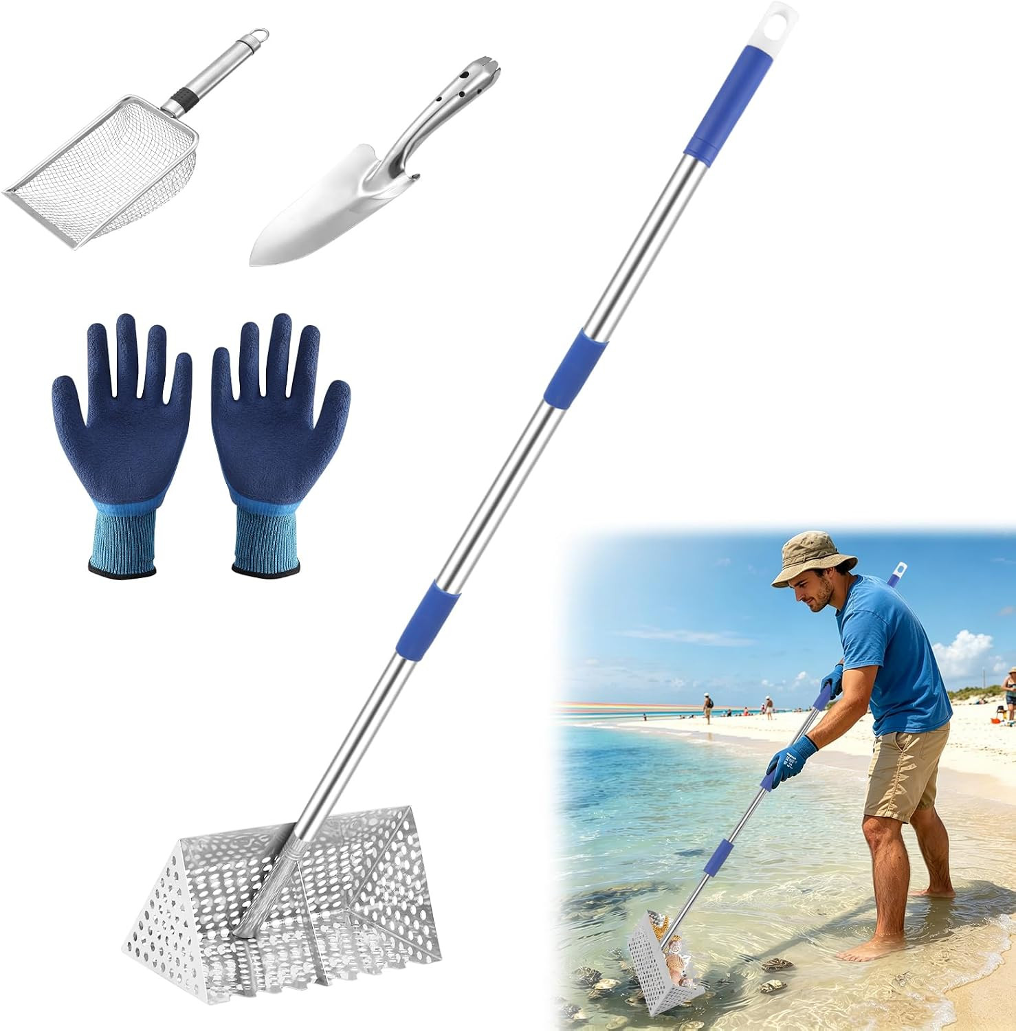 Sand Flea Rake, 65 Inches Long Handle, Stainless Steel Shark Tooth Sifter