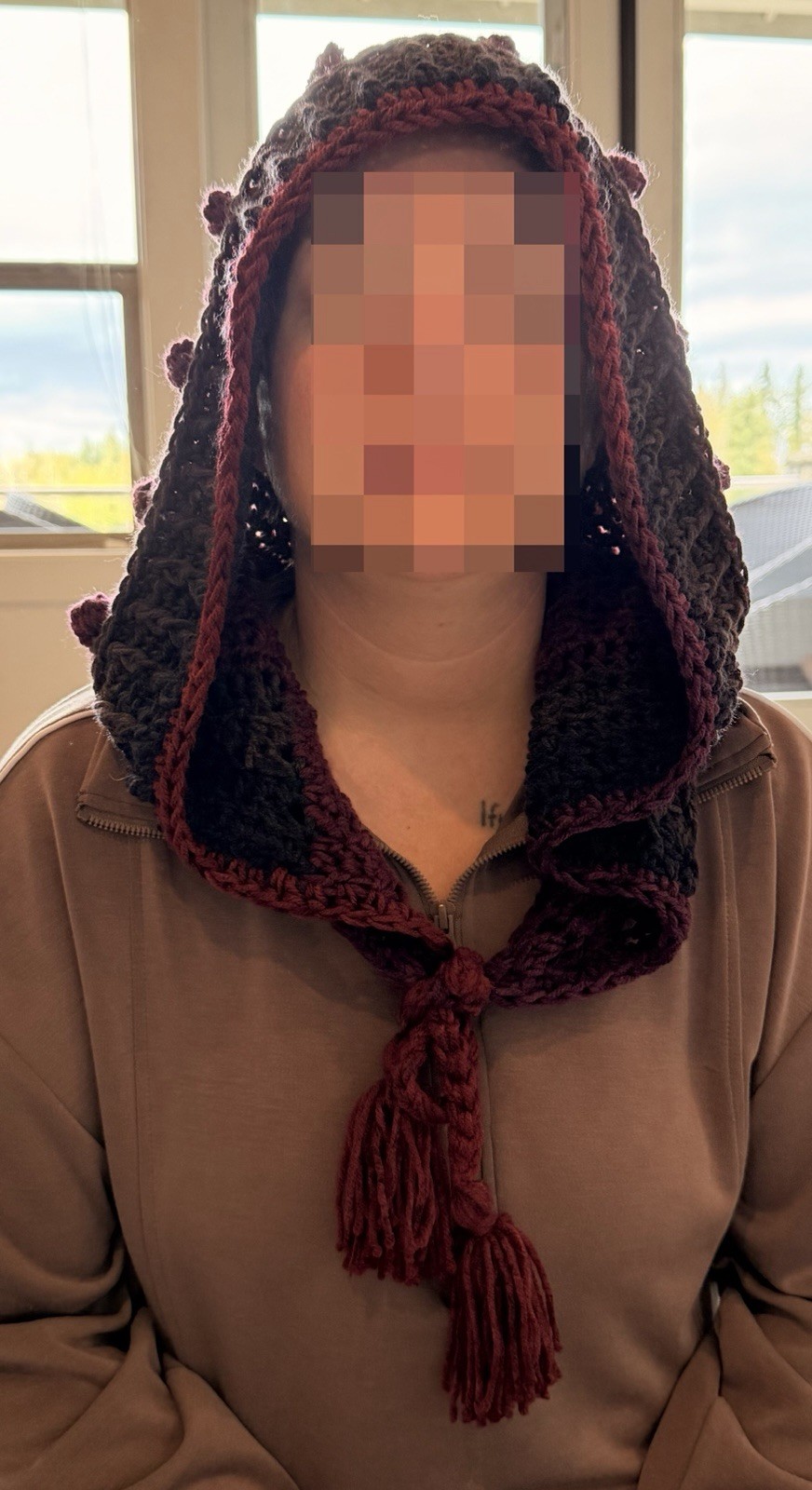 Handmade Crochet Hooded Scarf with Tassels, Dark Red and Gray