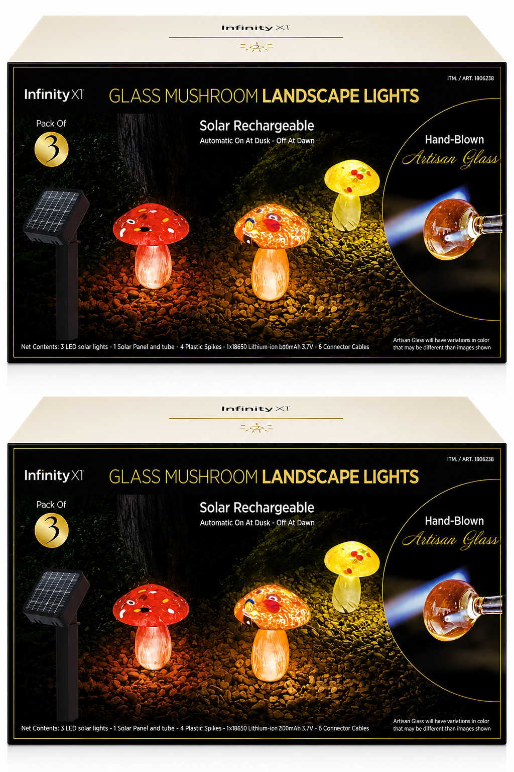 Infinity X1 Solar Mushroom Lights  - 2 Set 3 Pack Glass Garden Lights Warm White