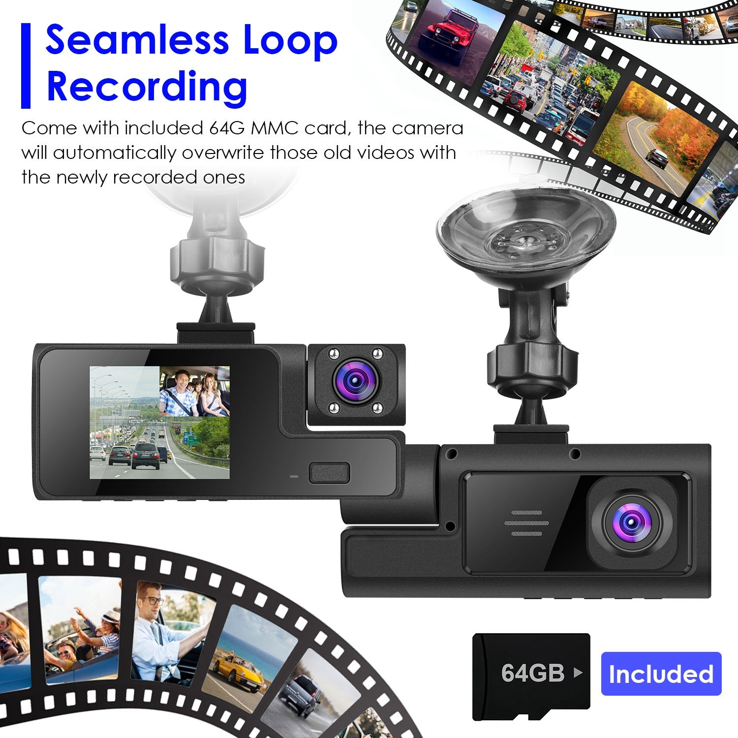 1080P HD Dash Cam WiFi Front Rear Inside Dash Camera Loop Recording Camera