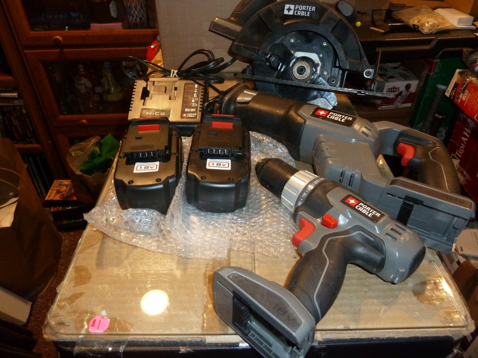 Lot of 3-Porter Cable Tools 18V Drill, Circular & Recipricating Saws 2 New Batts