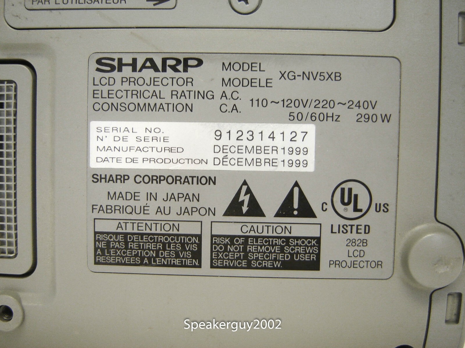 Sharp NoteVision Projector / XG-NV5XB / 912314127 -- CC
