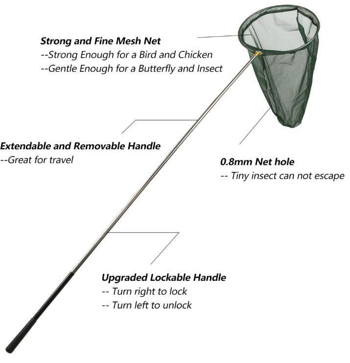 RESTCLOUD Butterfly Net, 14" Ring, 26" Depth, 59"-73" Telescopic Handle