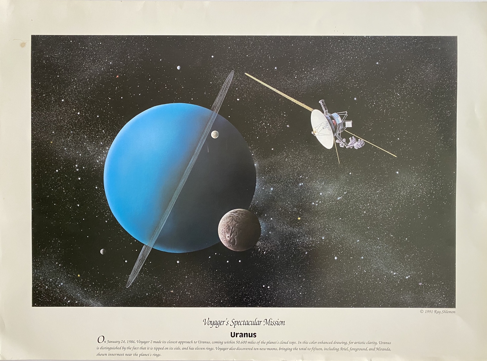 Rare vintage RAY SHLEMON spacecraft Voyager 2 1986 mission lithograph poster
