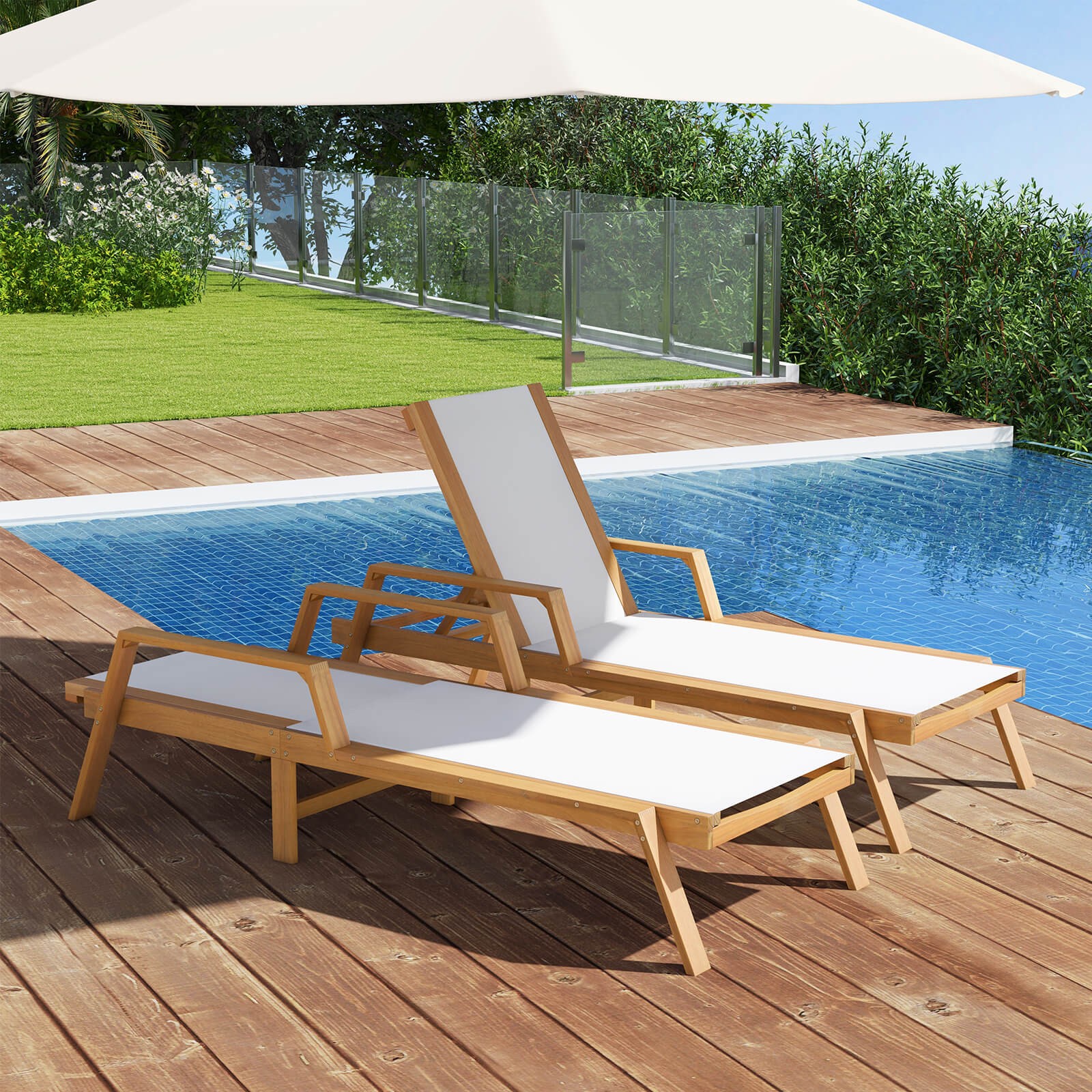 2PCS Outdoor Chaise Lounge w/ Adjustable 5-position Backrest Solid Wood Frame