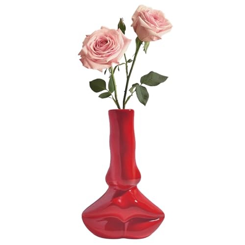 Vase, Unique Ceramic Face Shaped Artistic Vase for Flowers, One Size Red Lip