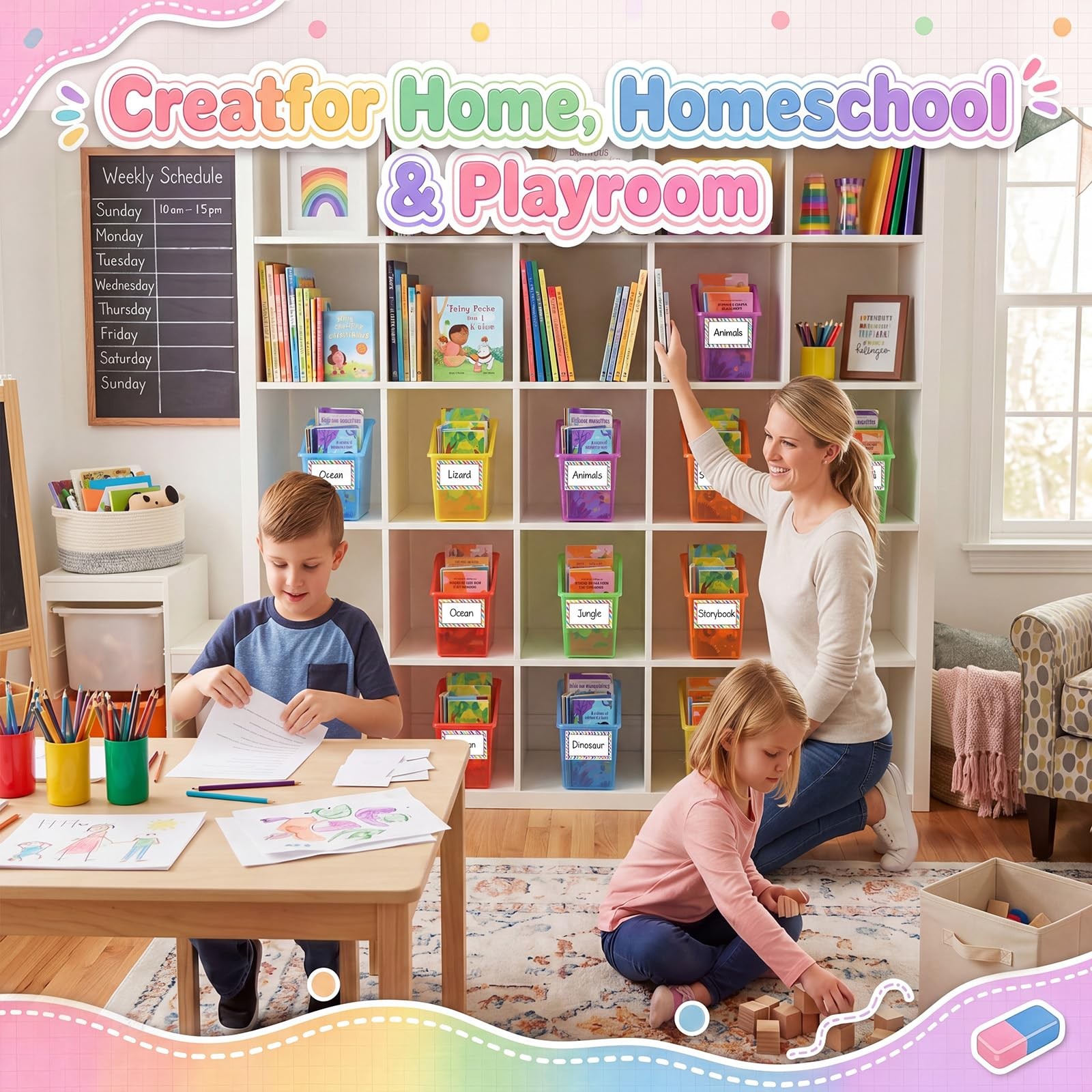 12 Set Book Bins for Classroom with Label Sticker Book Box Baskets Plastic St...