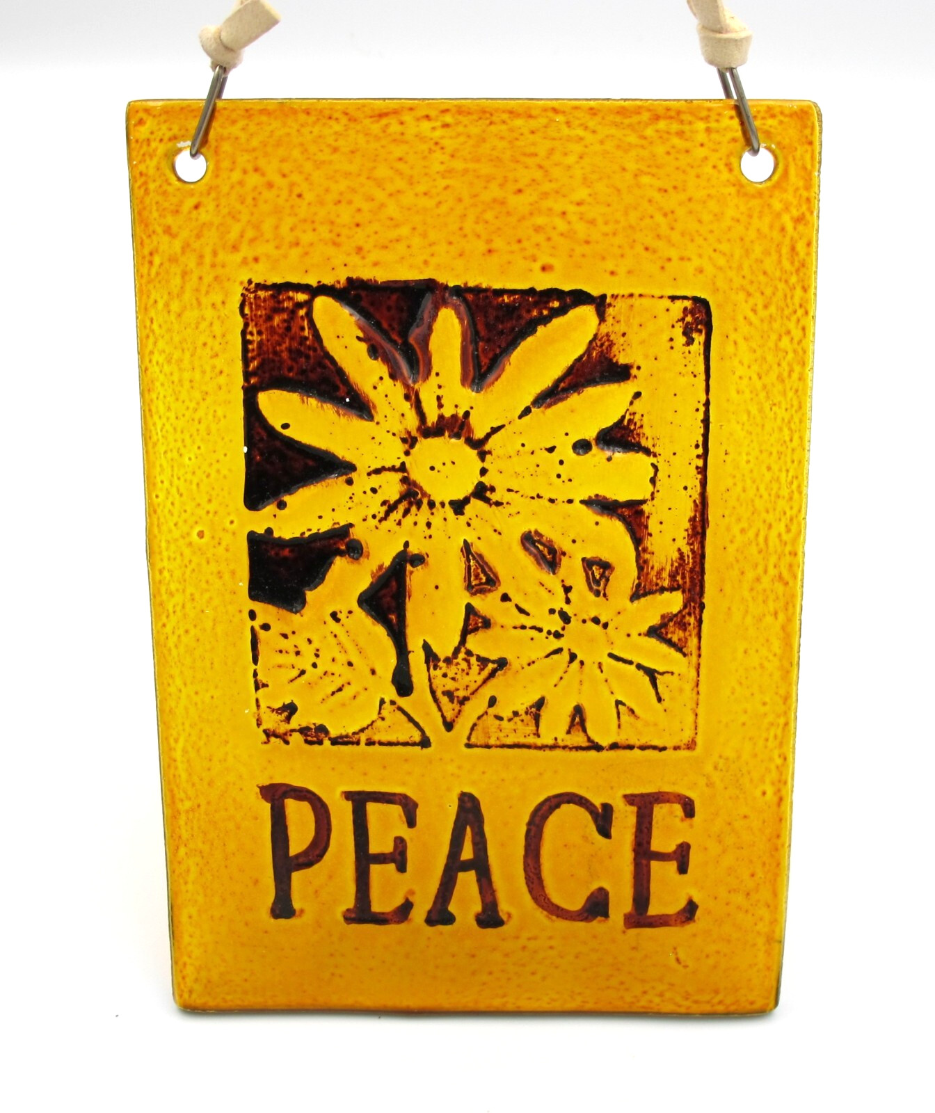 PEACE Amber Colored Suncatcher 6.5" L, Hangs 10" Retro Flower Child Hippie C1