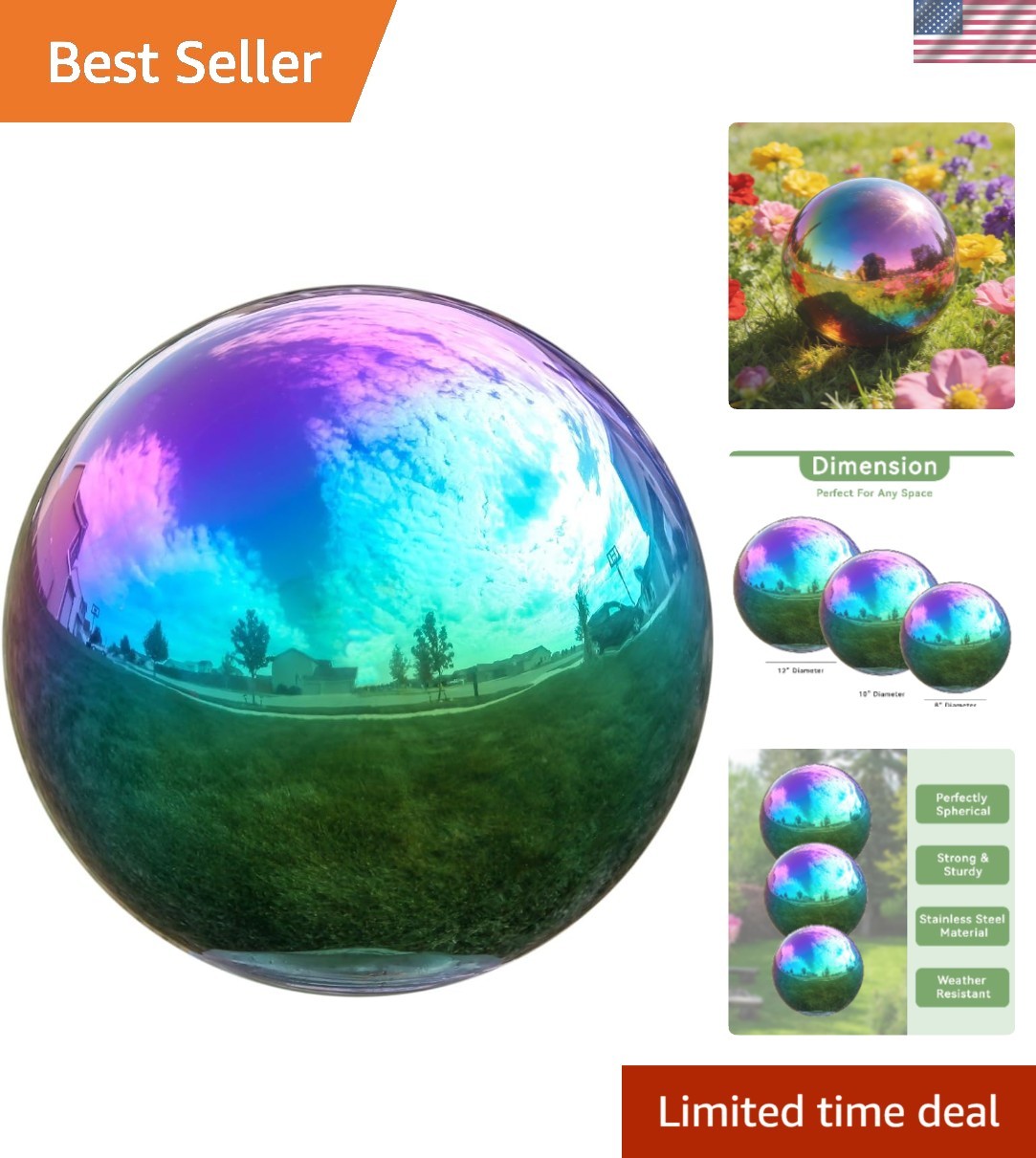 Sleek & Reflective 10-Inch Rainbow Gazing Ball for Stunning Outdoor Displays