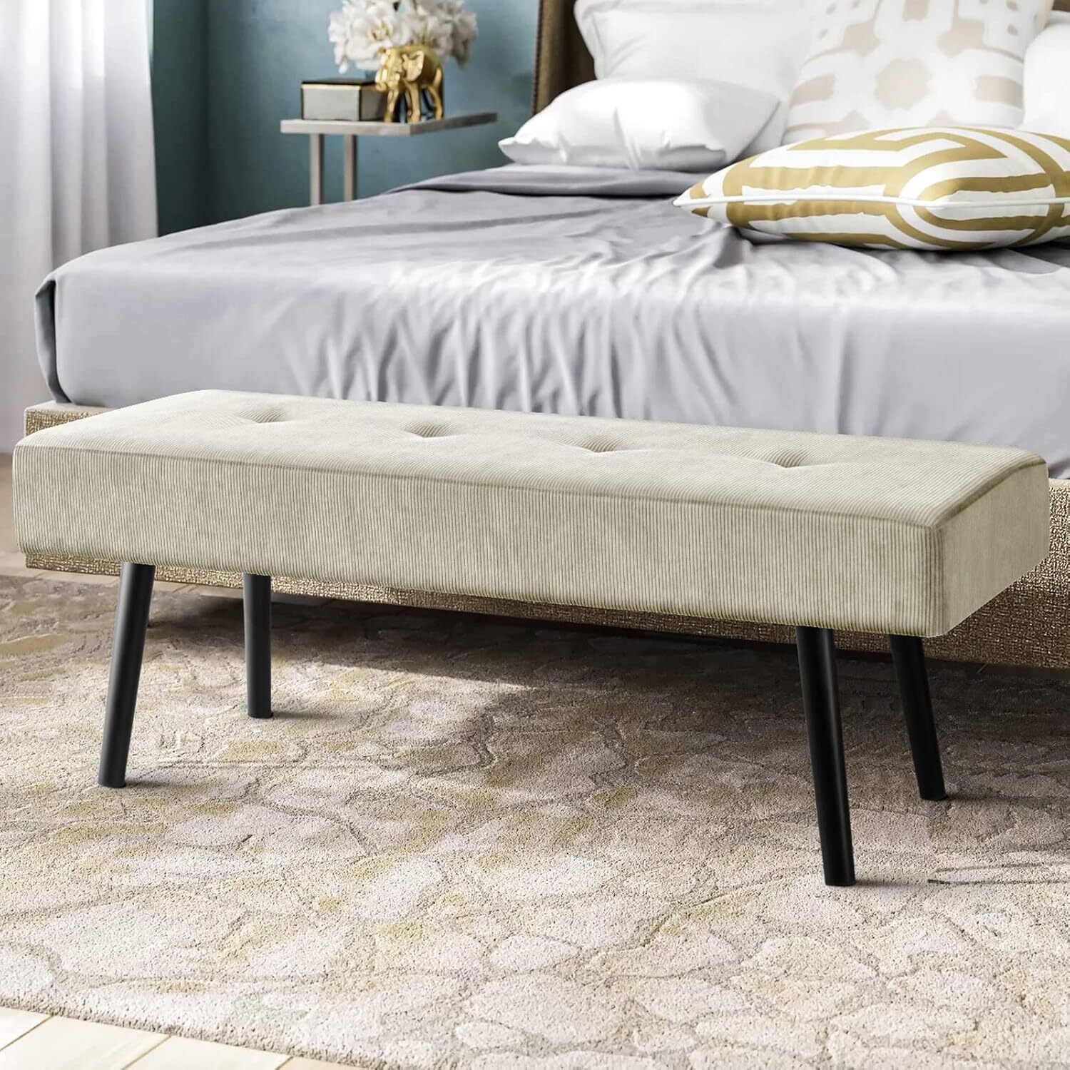 Entryway Bench - Beige Bench for Bedroom, Modern Ottoman End of Bed