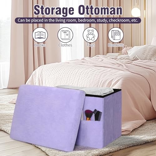 Small Ottoman with Storage, Folding Soft Fur Storage Foot Rest Stool Purple