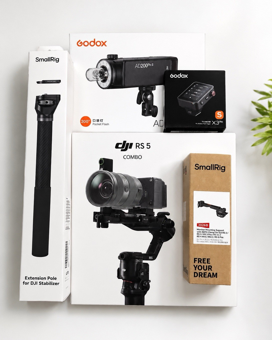 Complete Filmmaker Kit-DJI RS 5 Combo + Godox AD200 Pro + Trigger X3 + SmallRig