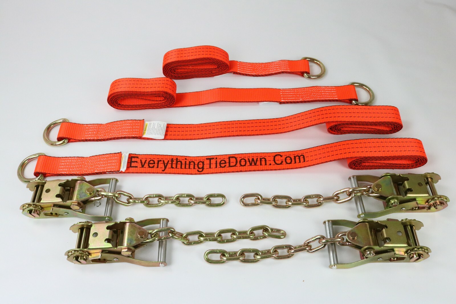 4 Pack of 2 x 100" Orange TECNIC Lasso Straps with Wire D-Rings & Chain Ratchet