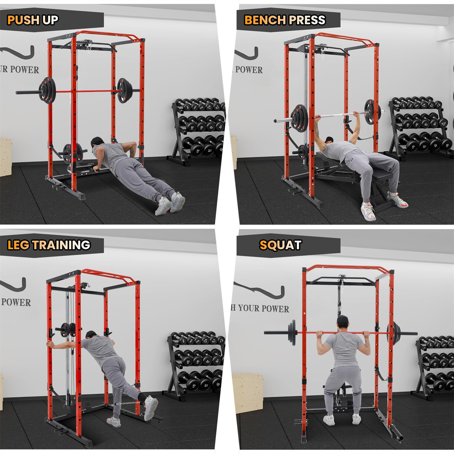 🔥1600LBS Power Cage with LAT Pulldown Multi-Functional Power Rack with J-Hook