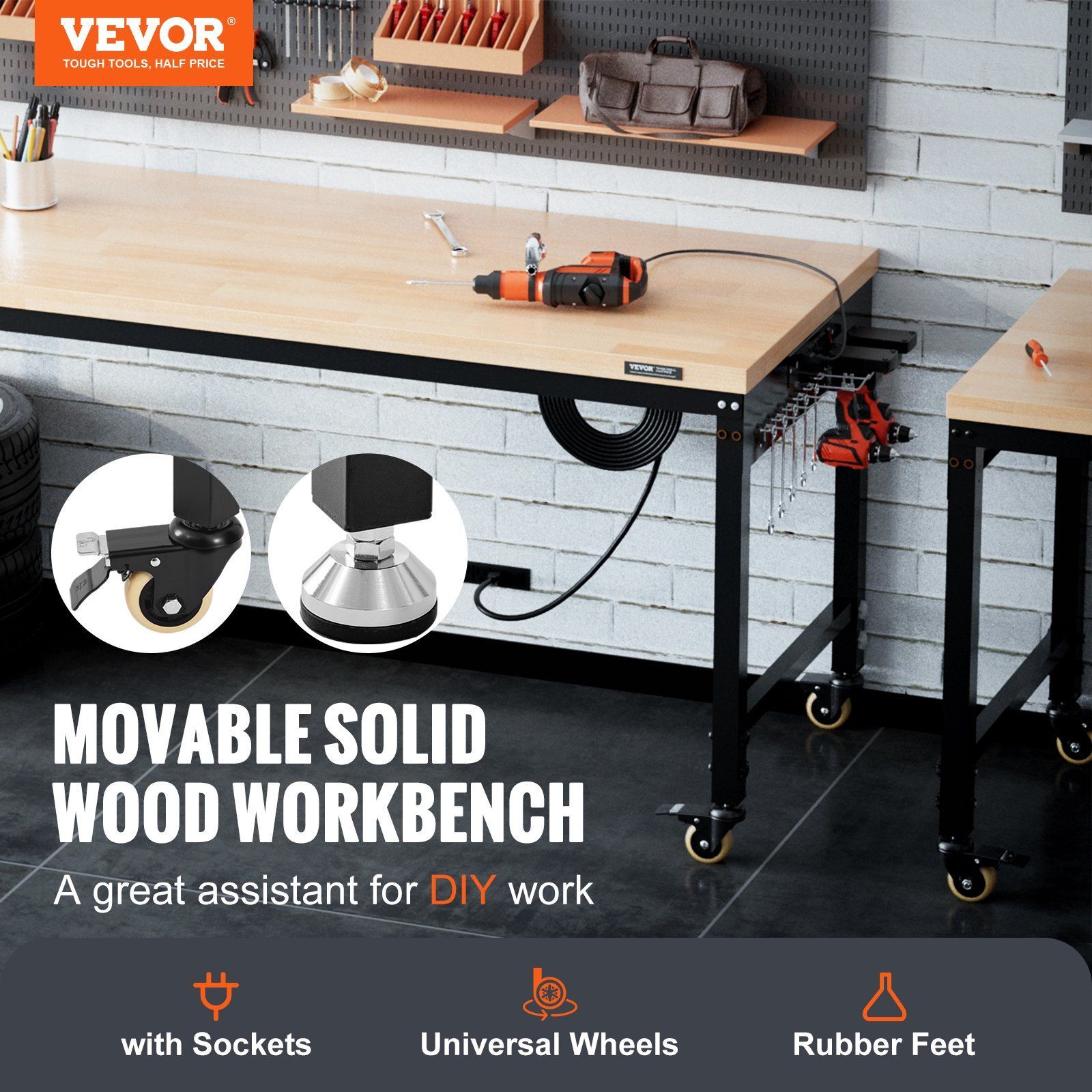 72" L X 25" W Adjustable Workbench with Universal Wheels 3000 LBS Load Capacity