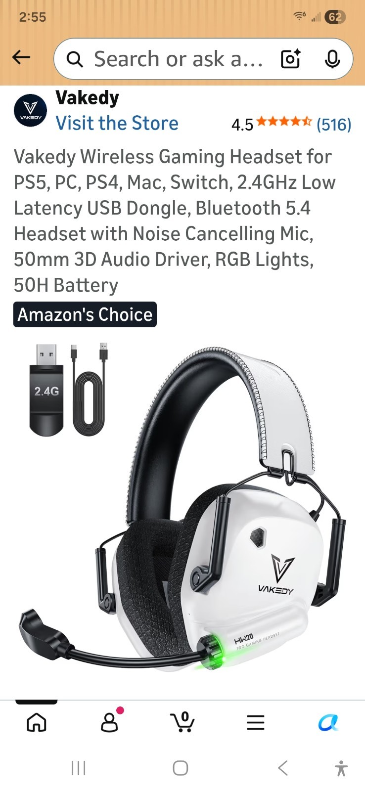 Vakedy Wireless Gaming Headset Bluetooth Noise Canceling Mic For PS5,PS4, White