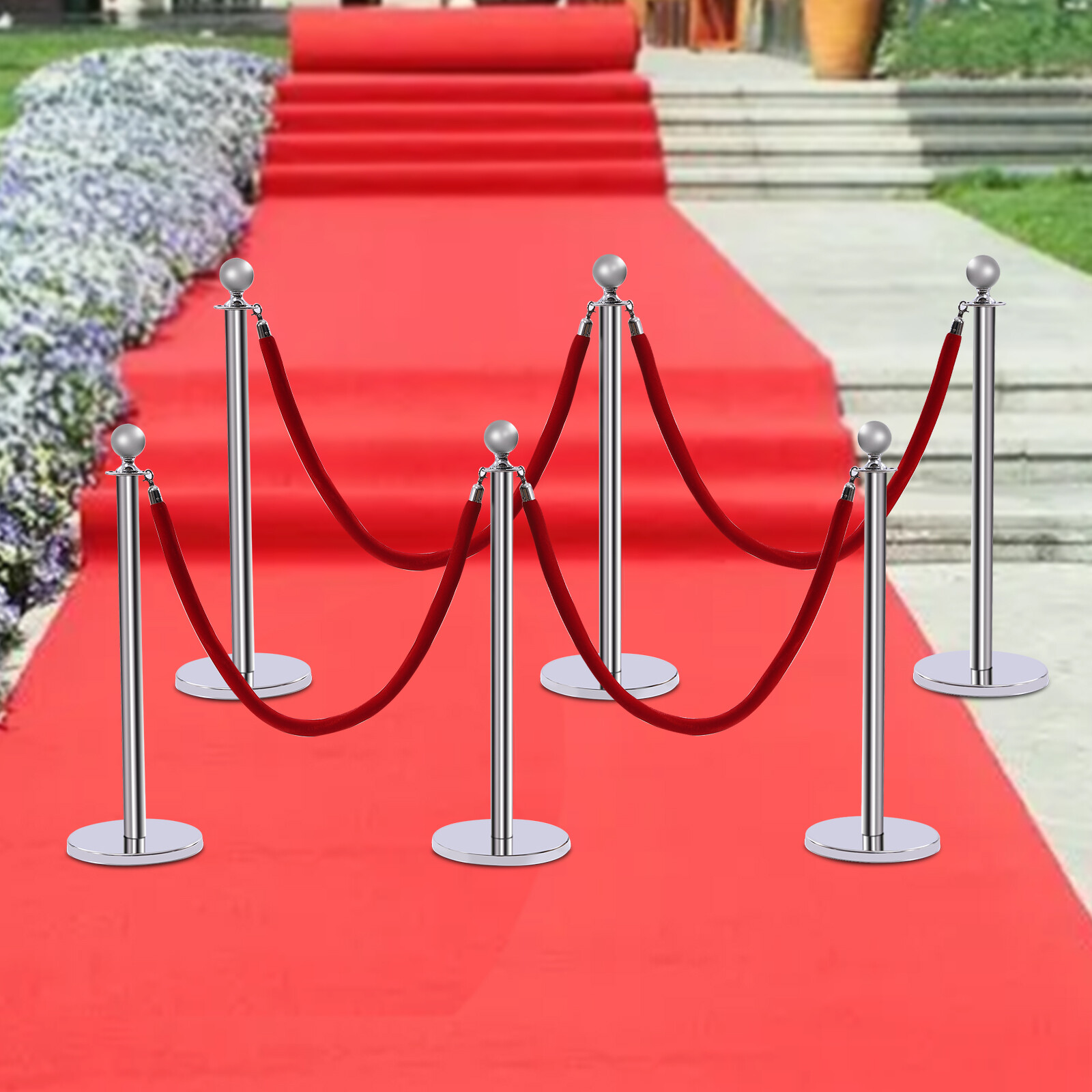 Silver 6Pcs Stanchion Posts with 4 Velvet Ropes Crowd Control Queue Pole Barrier