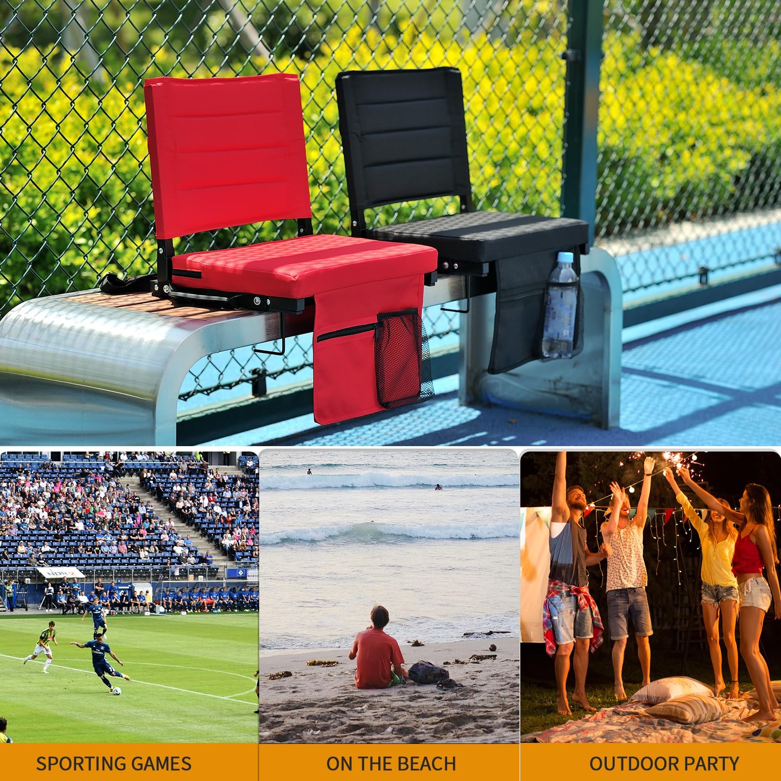 Bleacher Chairs Stadium Seats Cushion with Back Support, Portable Folding Cha...