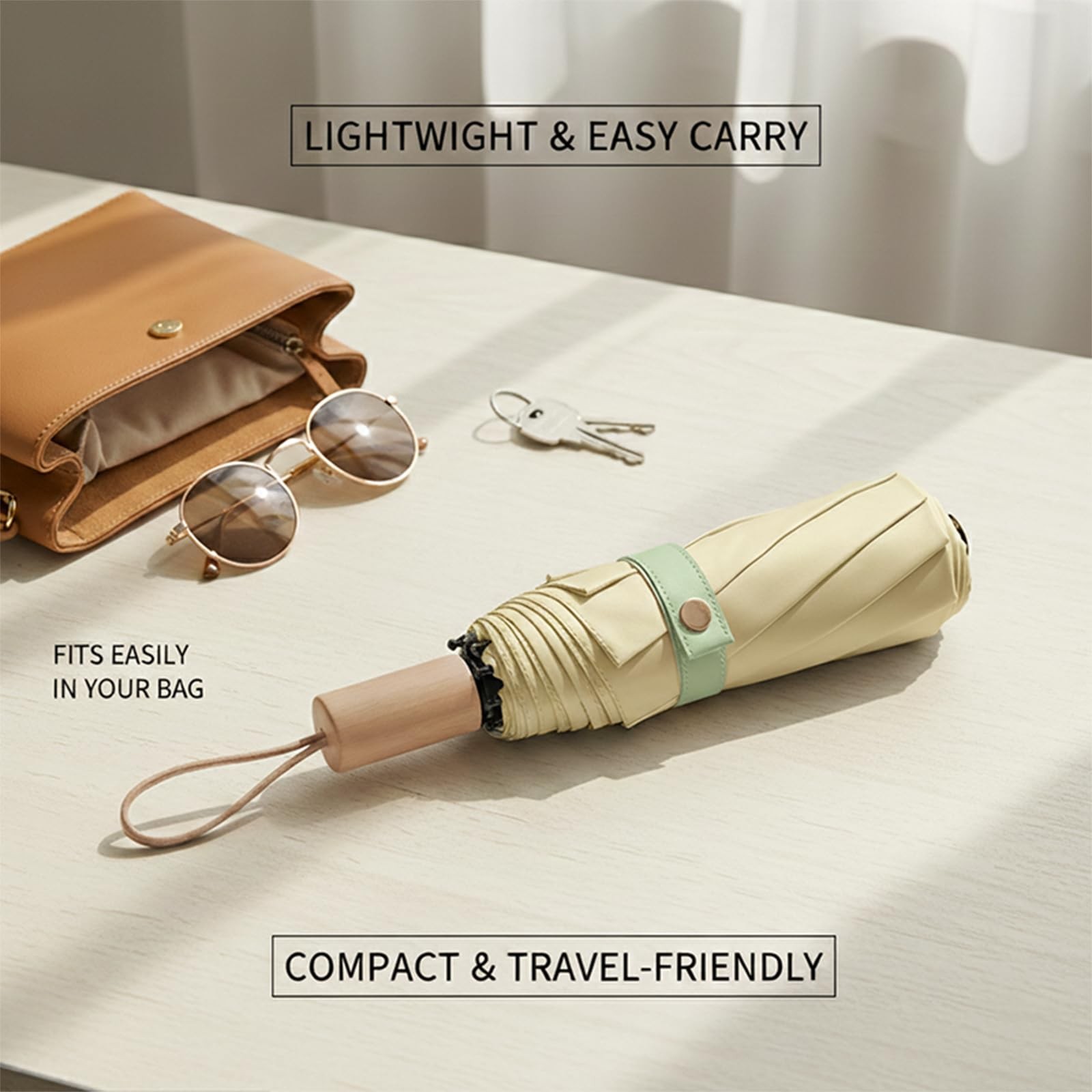 SFDRANVEX Automatic Compact Folding Umbrella, Windproof Compact, Pale yellow
